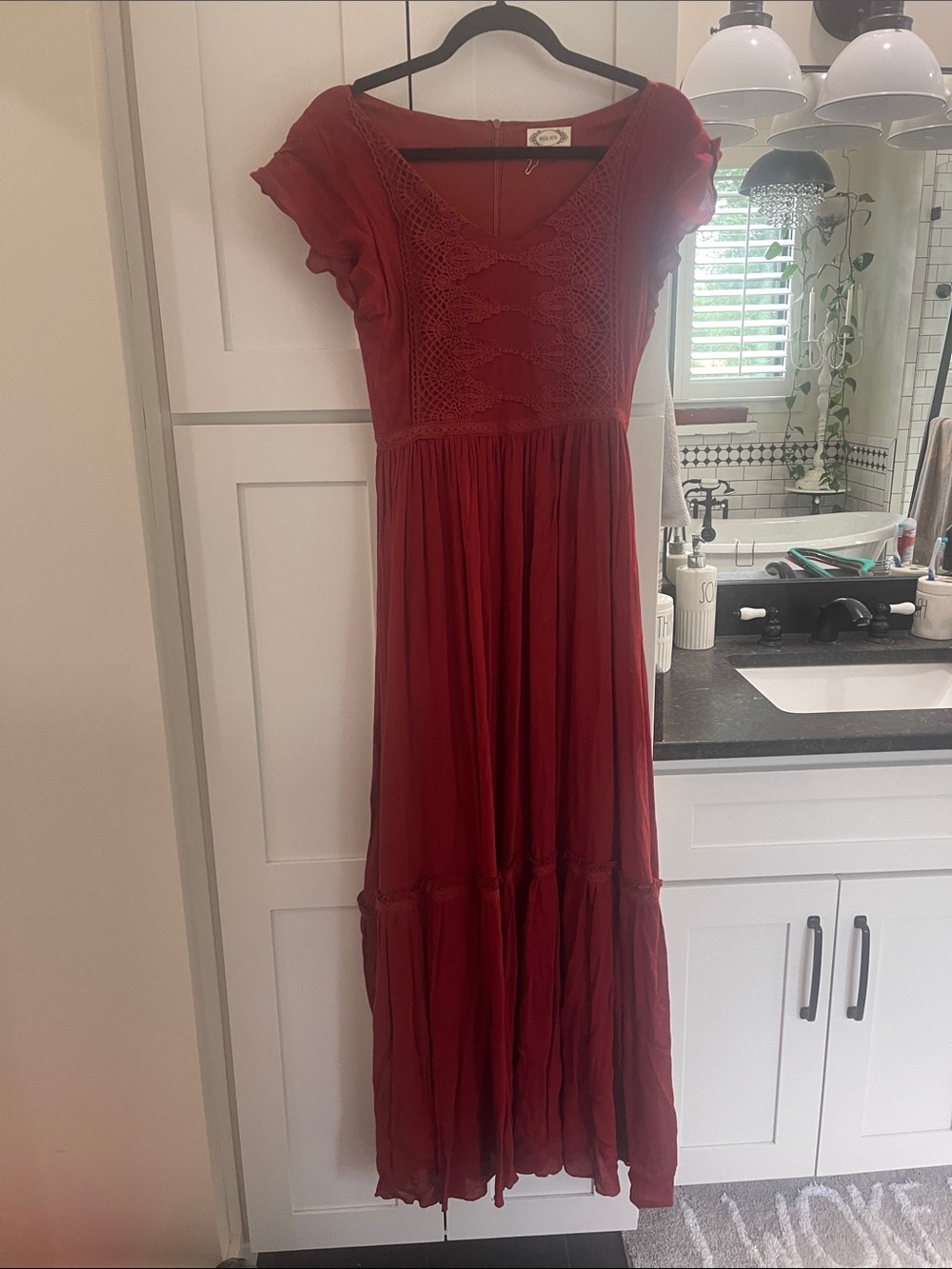 Rust Red Crochet-Detail Maxi Dress